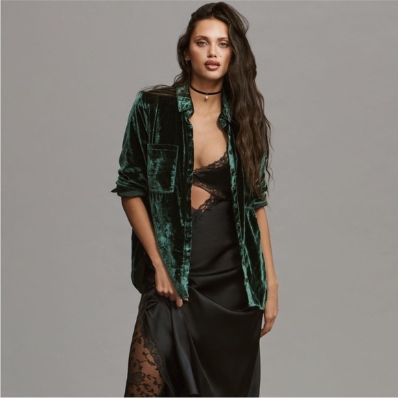 NWOT Anthropologie Pilcro The Hadley Relaxed Button Down Shirt Green Velvet XLP - Picture 2 of 10